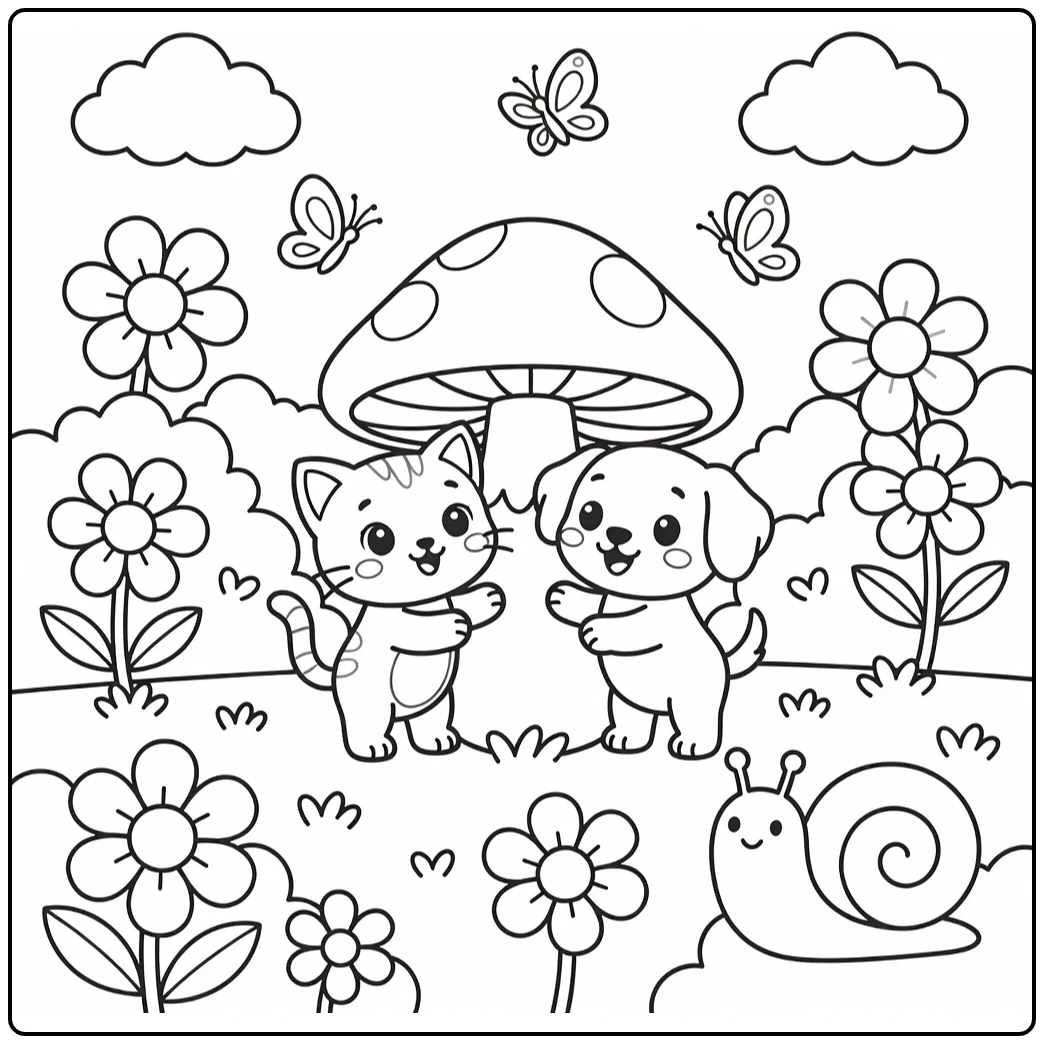 Cat and dog coloring pages for kids: kitten puppy peekaboo mushroom garden