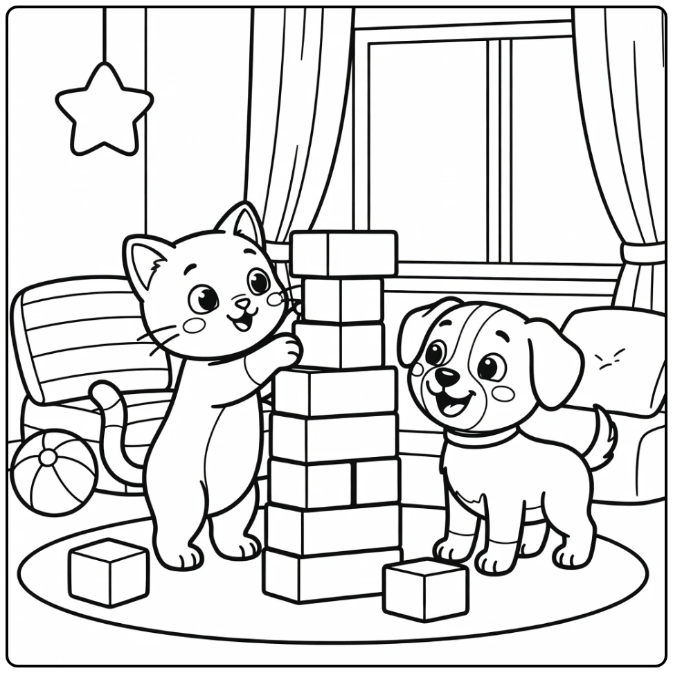 Cat and dog coloring pages for kids: building tall block tower
