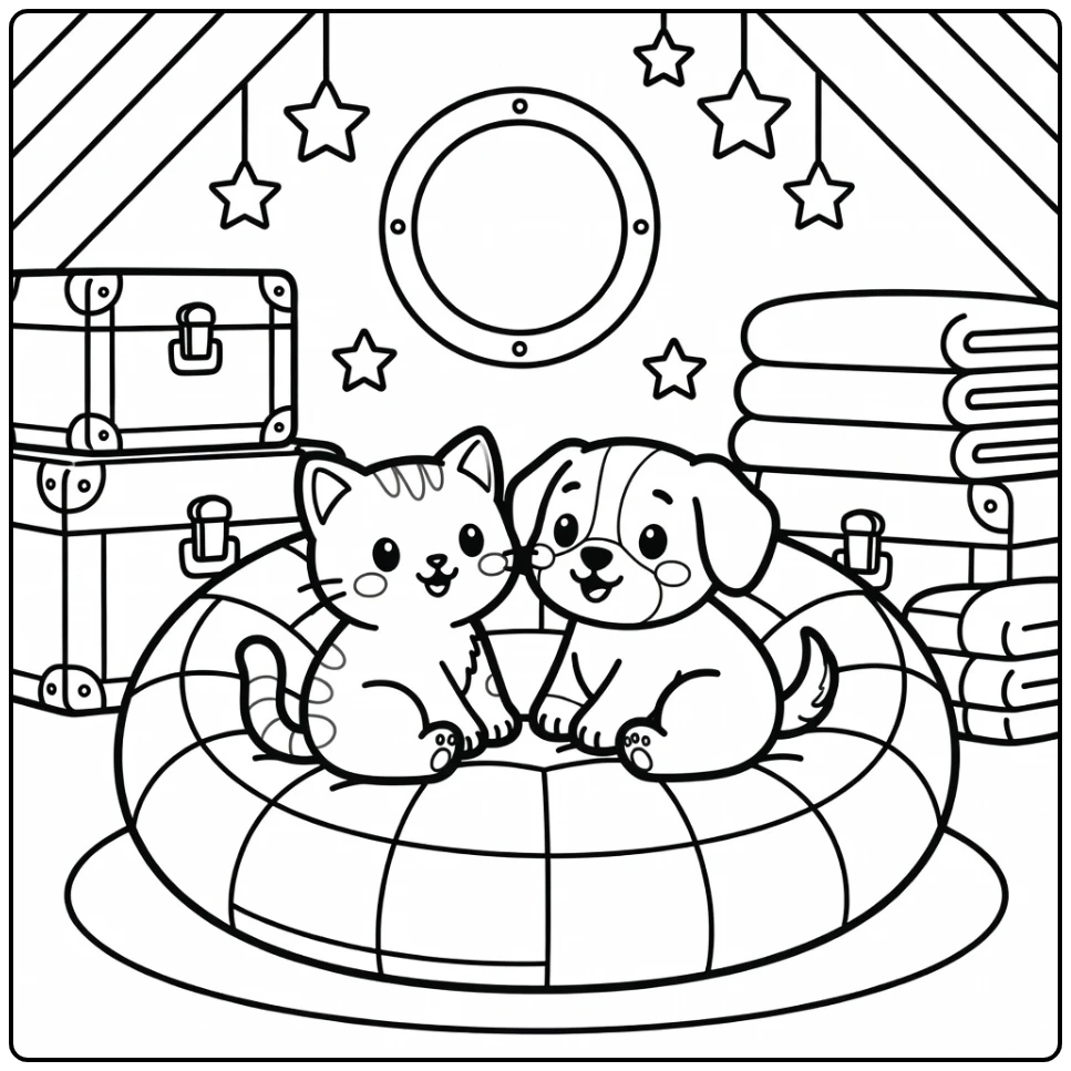 Cat and dog coloring pages: cozy attic cushion scene