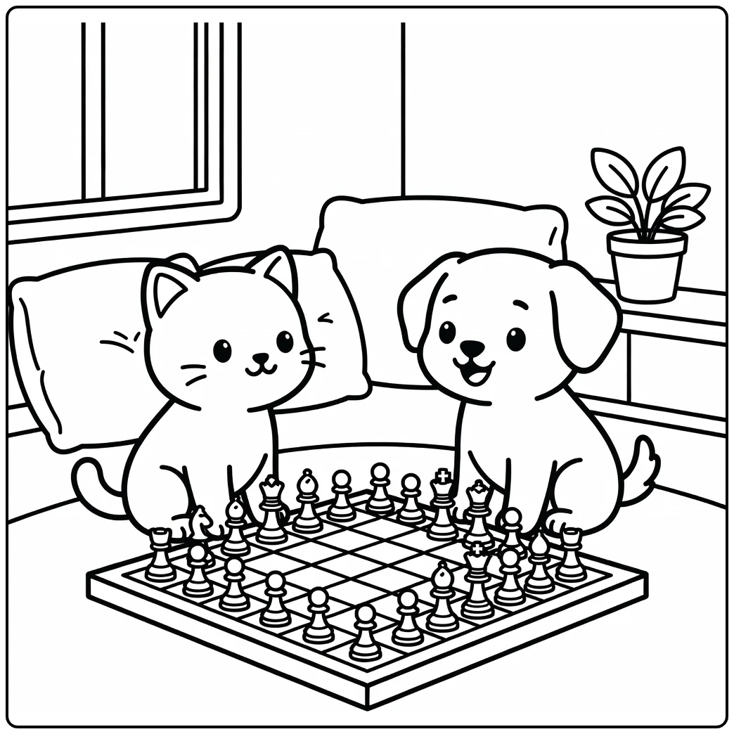 Cat and dog coloring pages: pets face off on chessboard