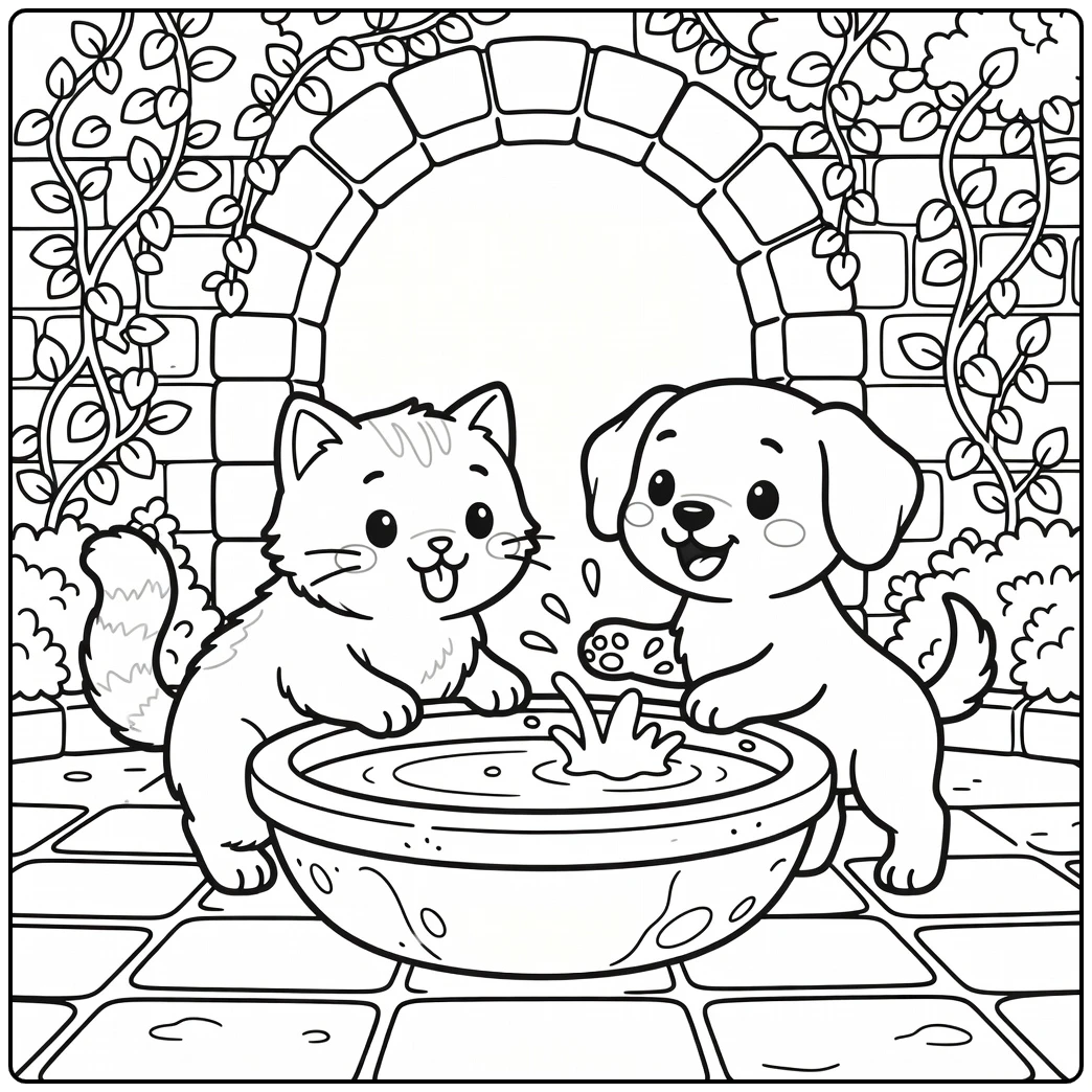 Cat and dog coloring pages: cat drinks from fountain, dog splashes