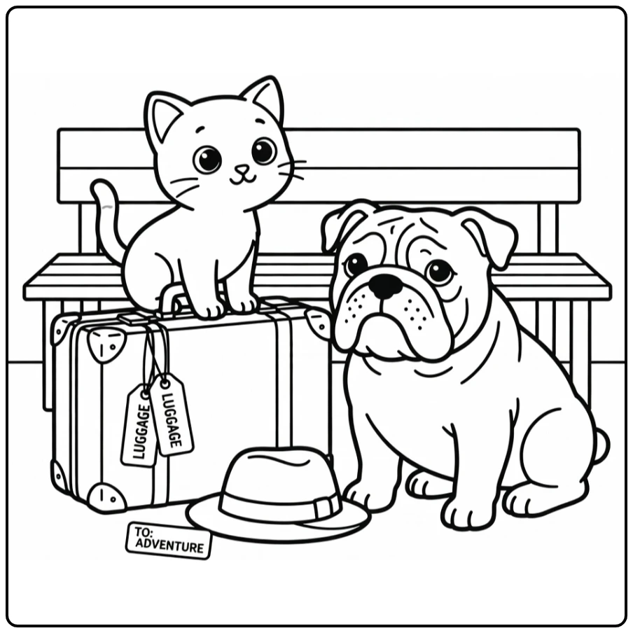 Kitten on suitcase with bulldog travel ready, cat and dog coloring pages