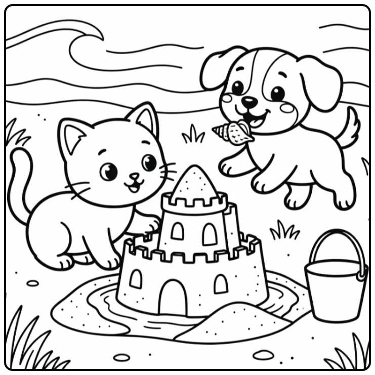 Cat and dog coloring pages: cat inspects sandcastle, puppy with shell