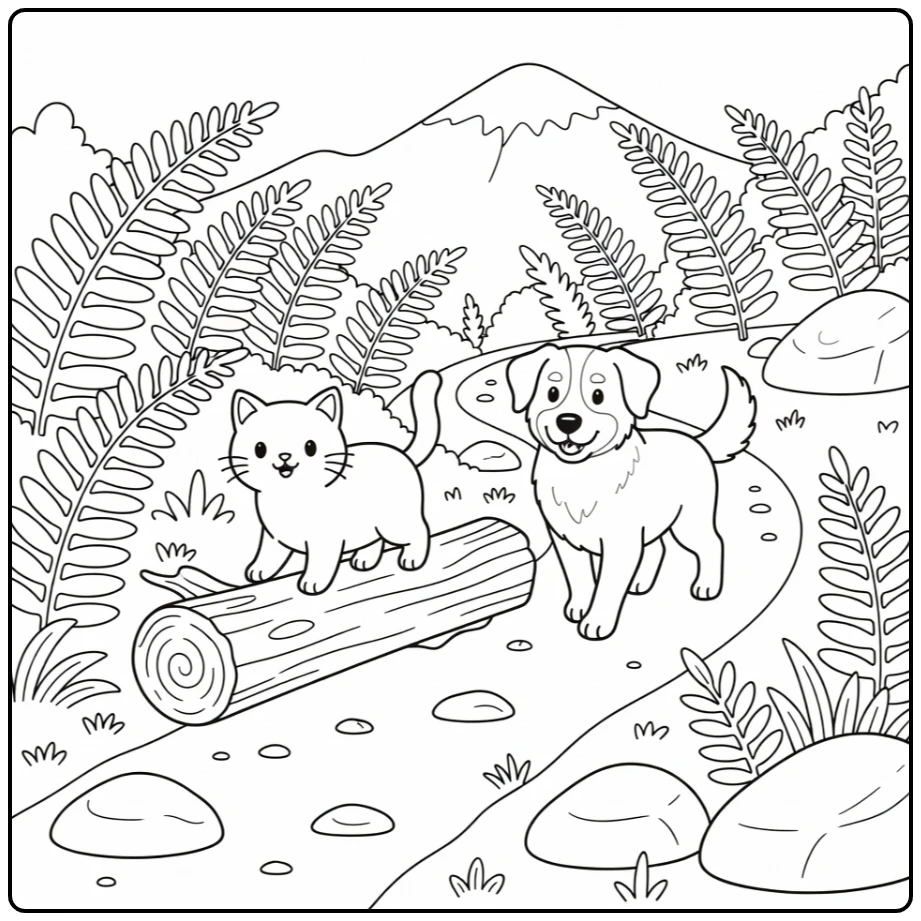 Cat and dog coloring pages: shepherd leads cat on forest log trail