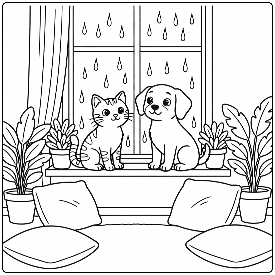 Cat and dog coloring pages: tabby cat, dog watch rain