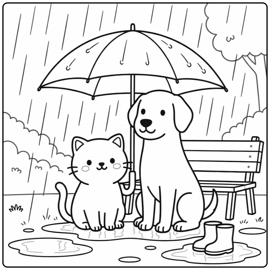 Cat and dog coloring pages: cute cat & dog under umbrella in rain