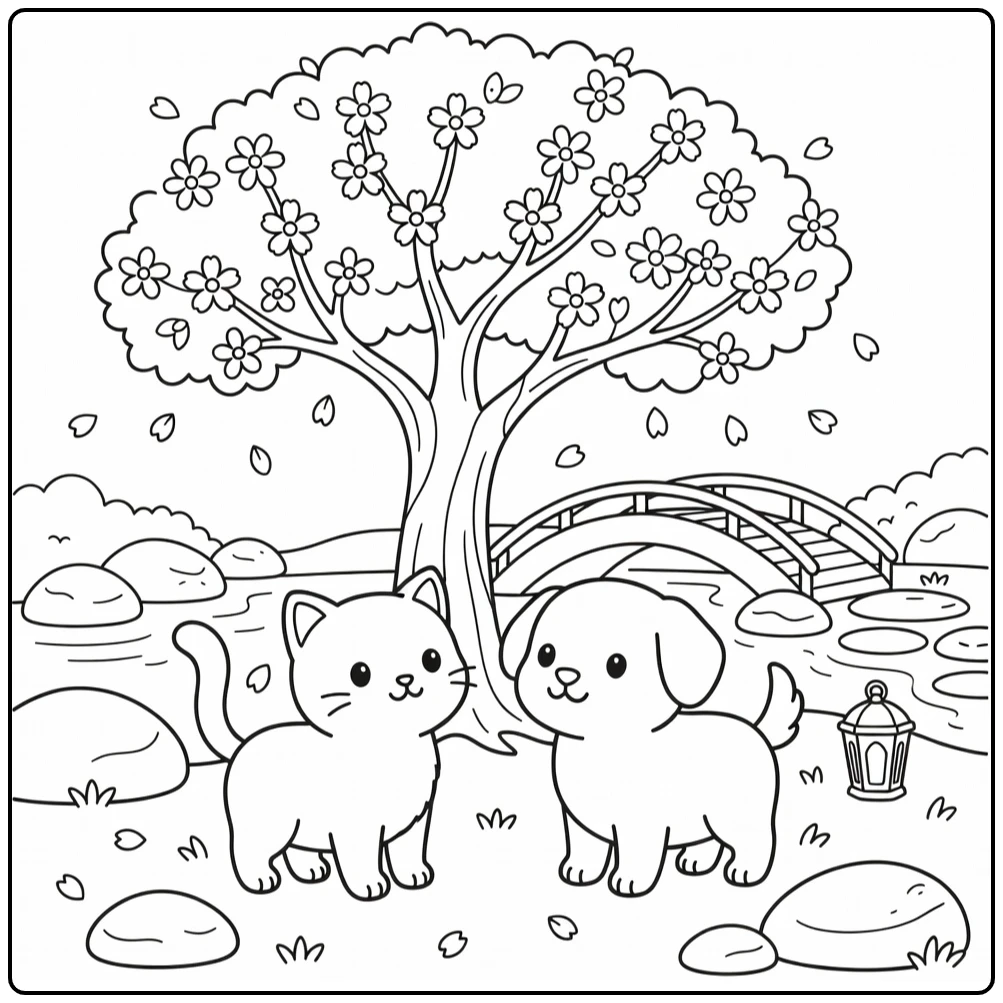 Cat and dog coloring pages: pets under blooming tree, petals