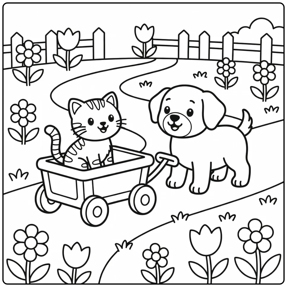 Cat and dog coloring pages: kitten in wagon pulled by puppy
