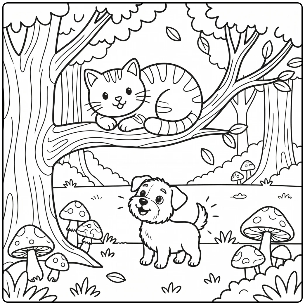 Cat and dog coloring pages: cat on branch, terrier below
