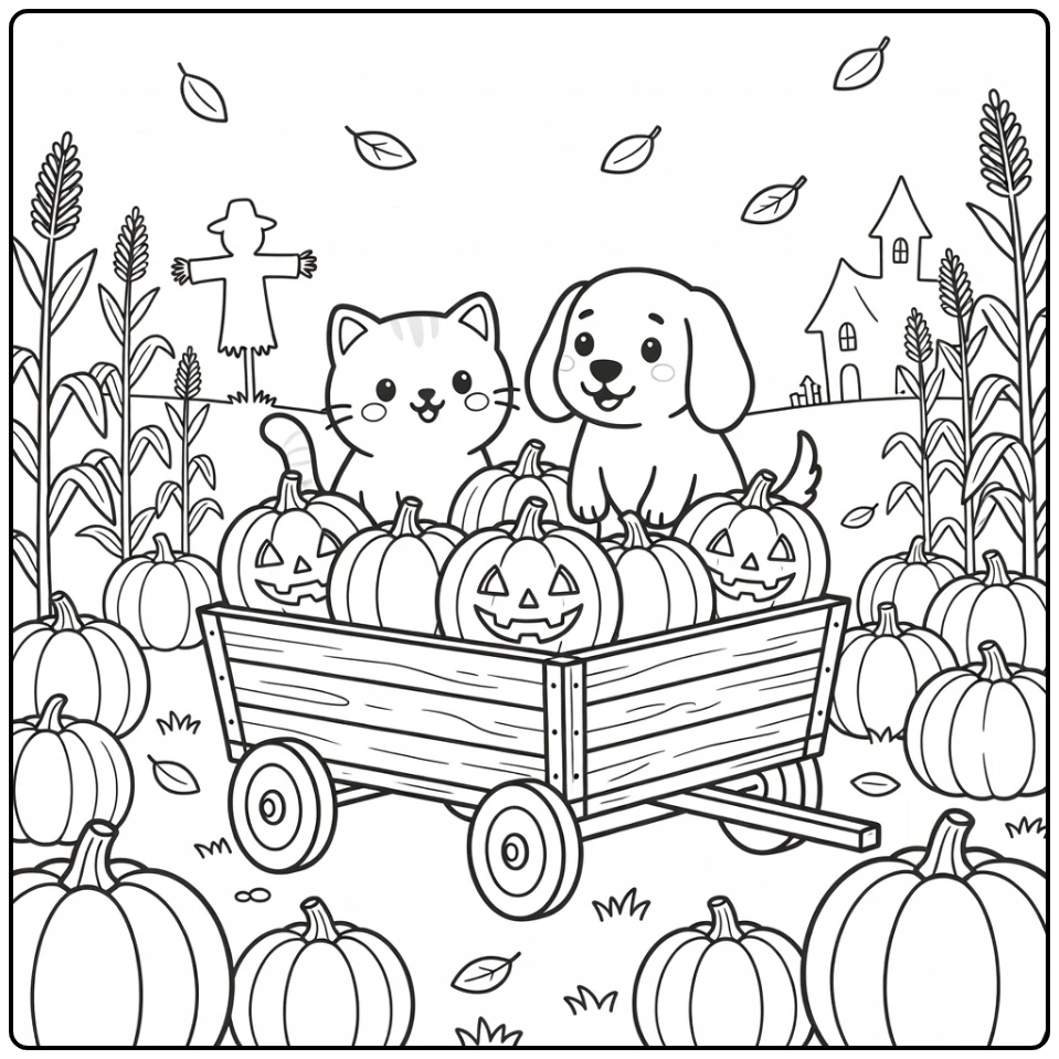 Cat and dog halloween coloring pages: pets in pumpkin wagon patch