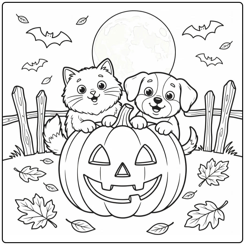 Cat and dog halloween coloring pages: pets peeking behind pumpkin