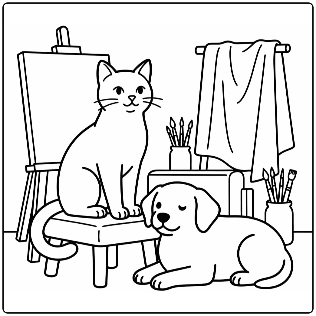Regal cat on stool with loyal dog in studio - cat and dog coloring pages
