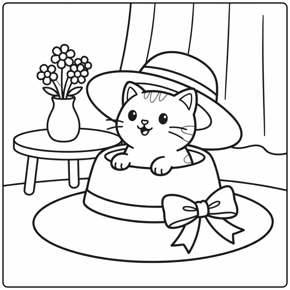 Curious cat peeking from sun hat in cat and hat coloring pages