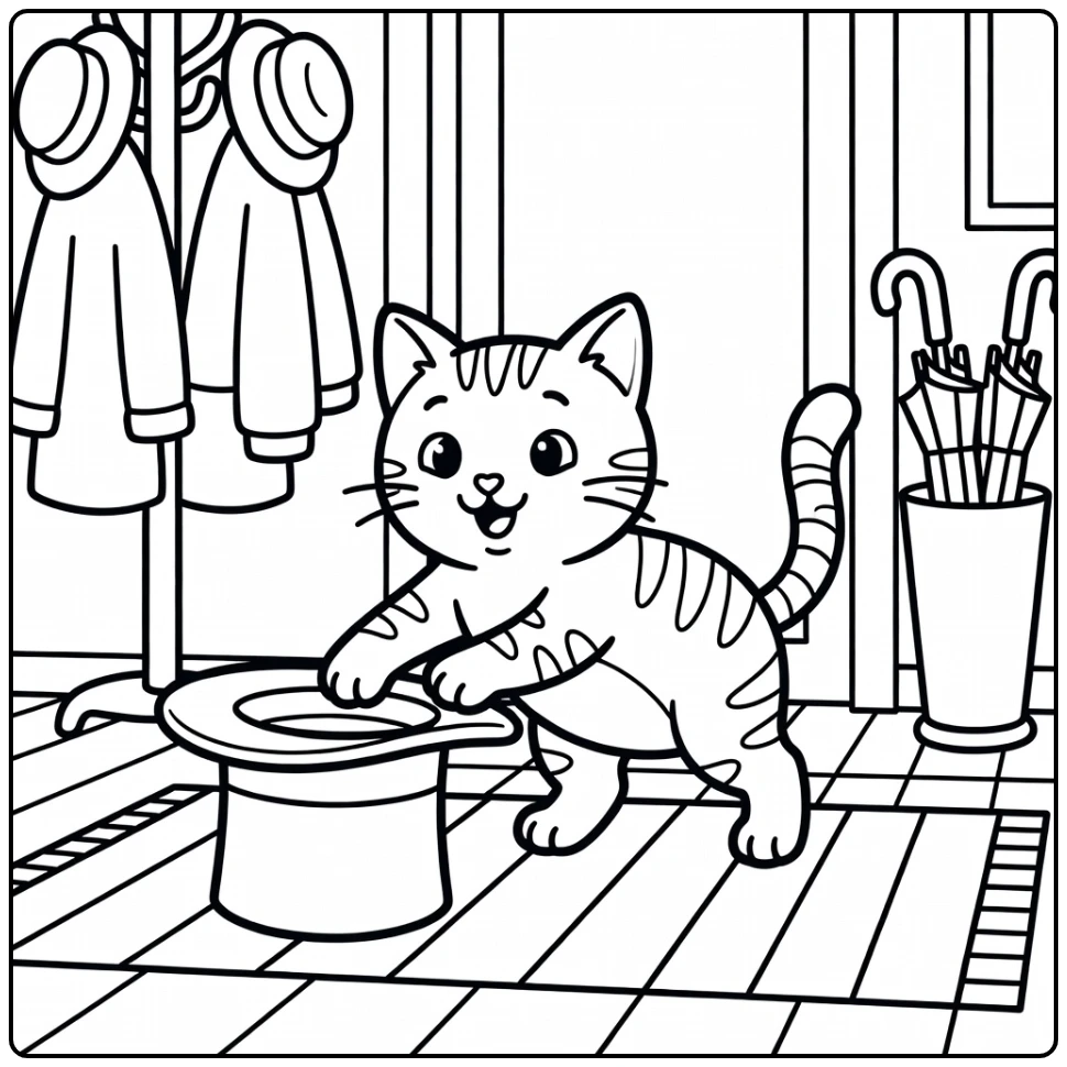 Playful tabby cat batting tipped top hat - cat and hat coloring pages