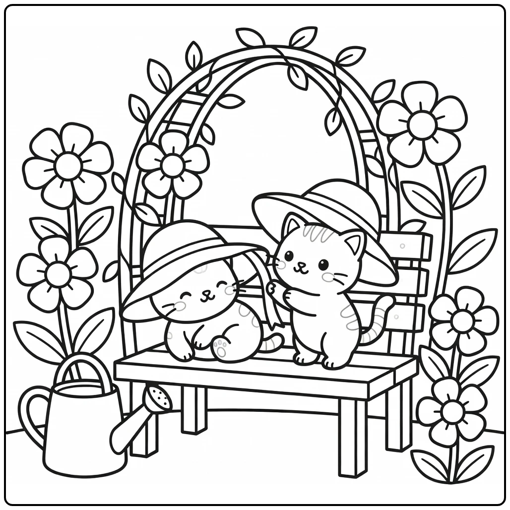Cat and hat coloring pages: kittens tugging bonnet on bench