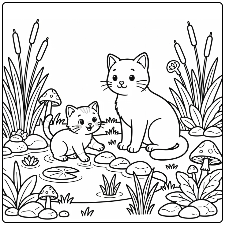 Cat and kitten coloring pages: playful pond scene with lily pad