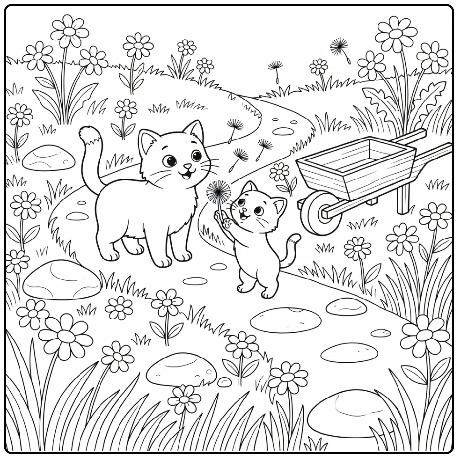 Cat and kitten coloring pages: meadow dandelion chase