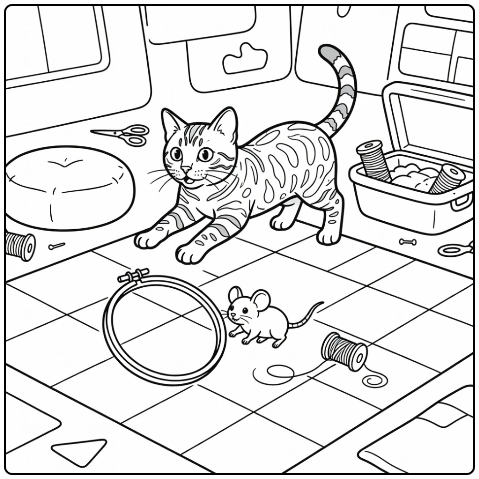 Bengal cat pouncing at mouse in hoop - cat and mouse coloring pages