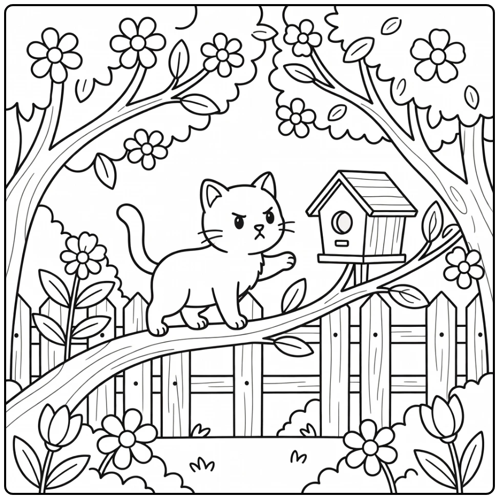 Determined cat on branch eyeing birdhouse, cat coloring pages