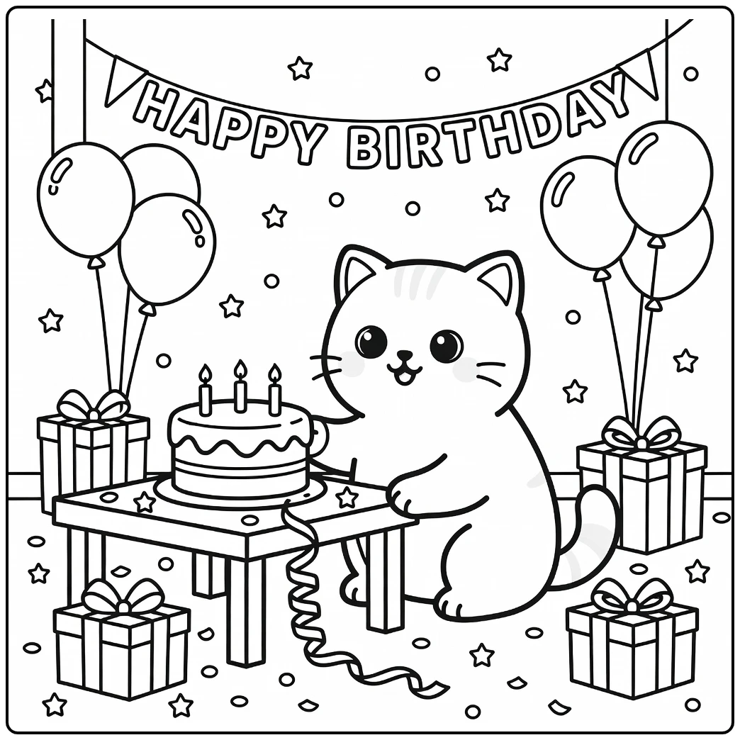 Cat birthday coloring pages: British Shorthair paw at ribbon