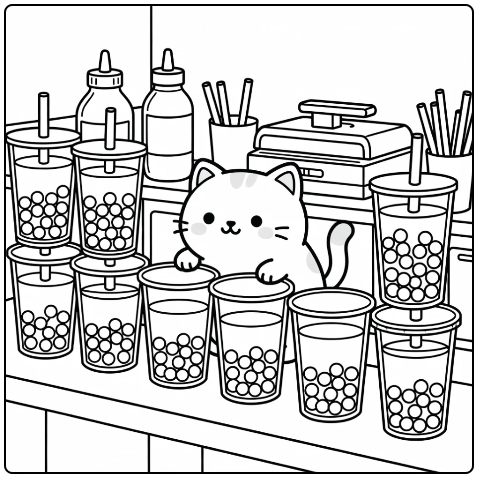 Cat boba coloring pages: kitty peeking behind tea cups