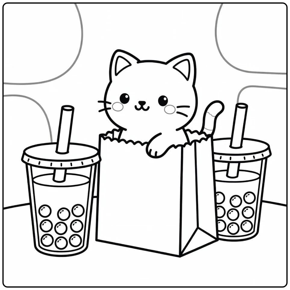 Cat boba coloring pages: kitty in bag with bubble tea cups
