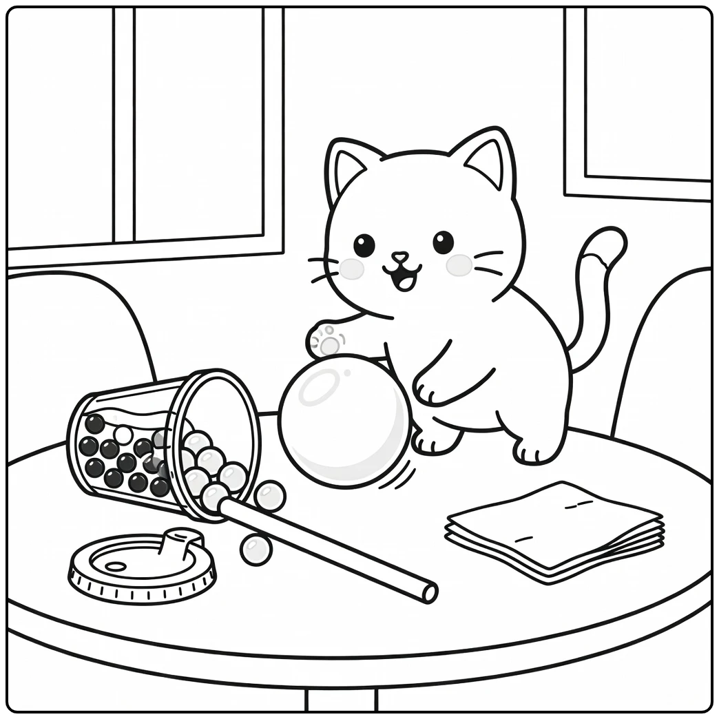 Cat boba coloring pages: cat batting giant pearl on cafe table
