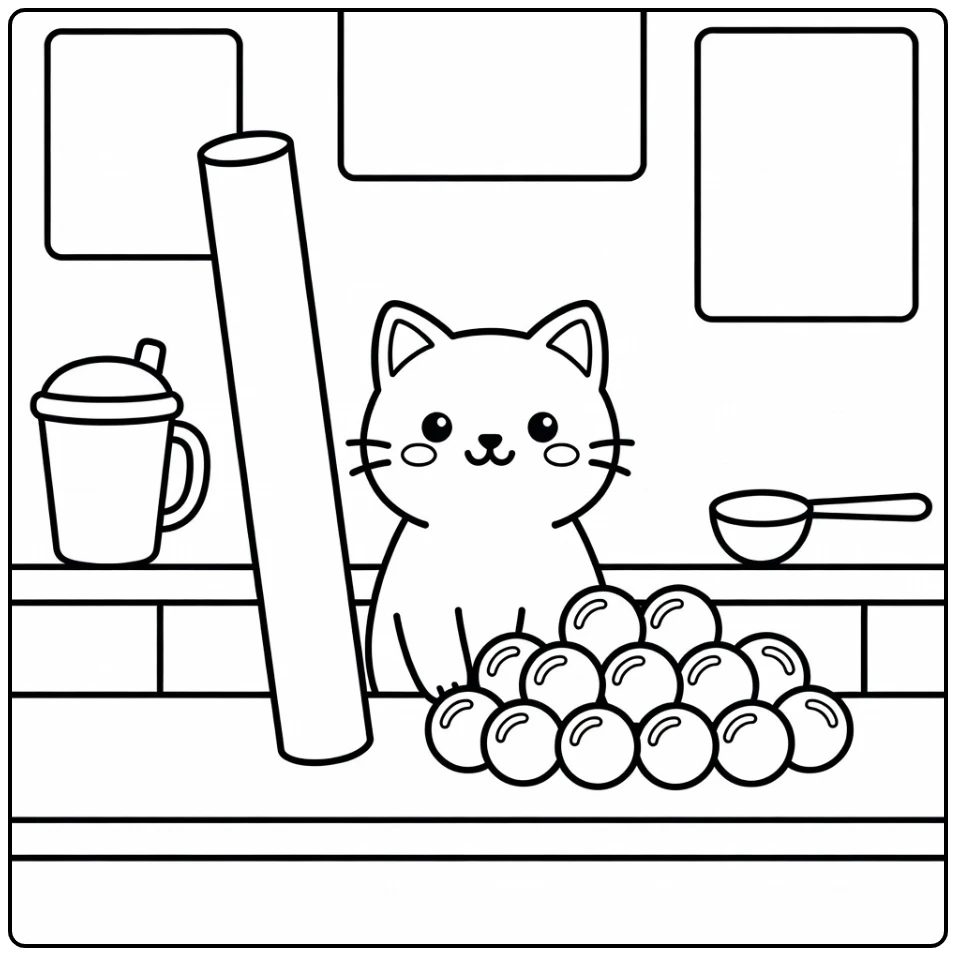 Cat boba coloring pages: proud cat with giant straw & pearls