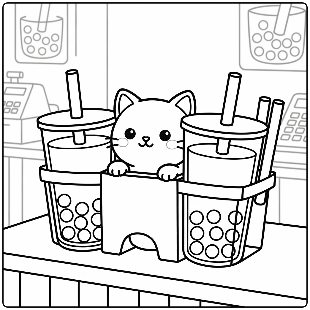 Cat boba coloring pages: kitty peeks from tea carrier