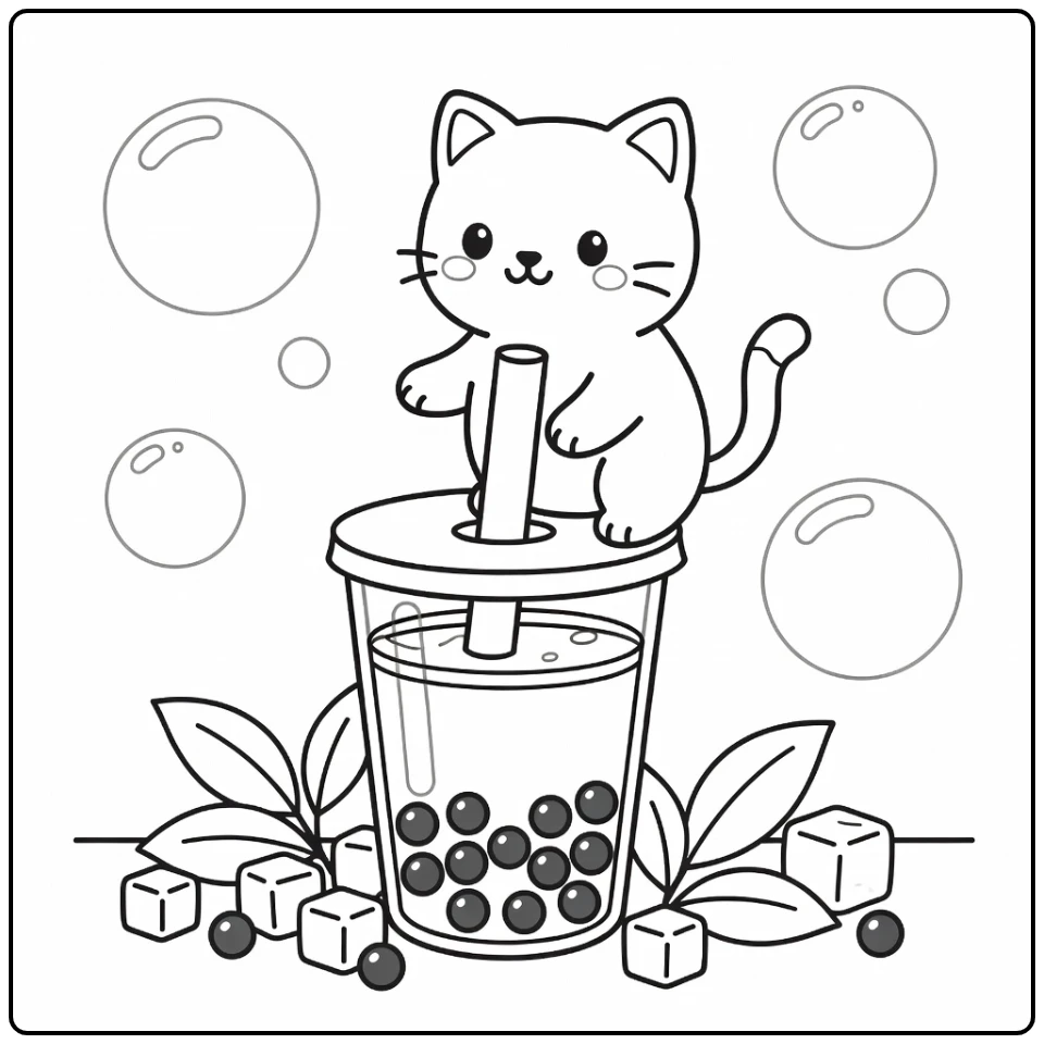 cat boba coloring pages: cat on tea lid paw at straw spot