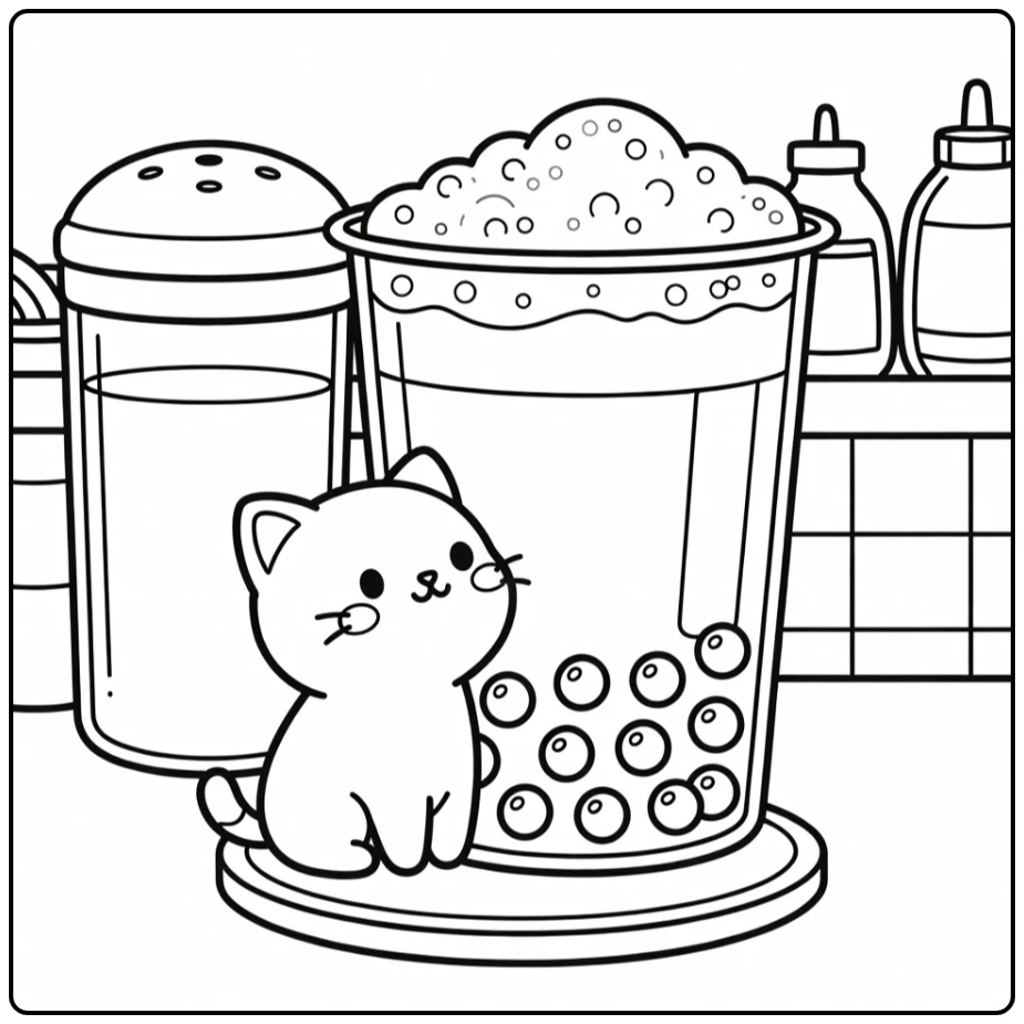 Cat boba coloring pages: kitty on coaster eyes giant bubble tea