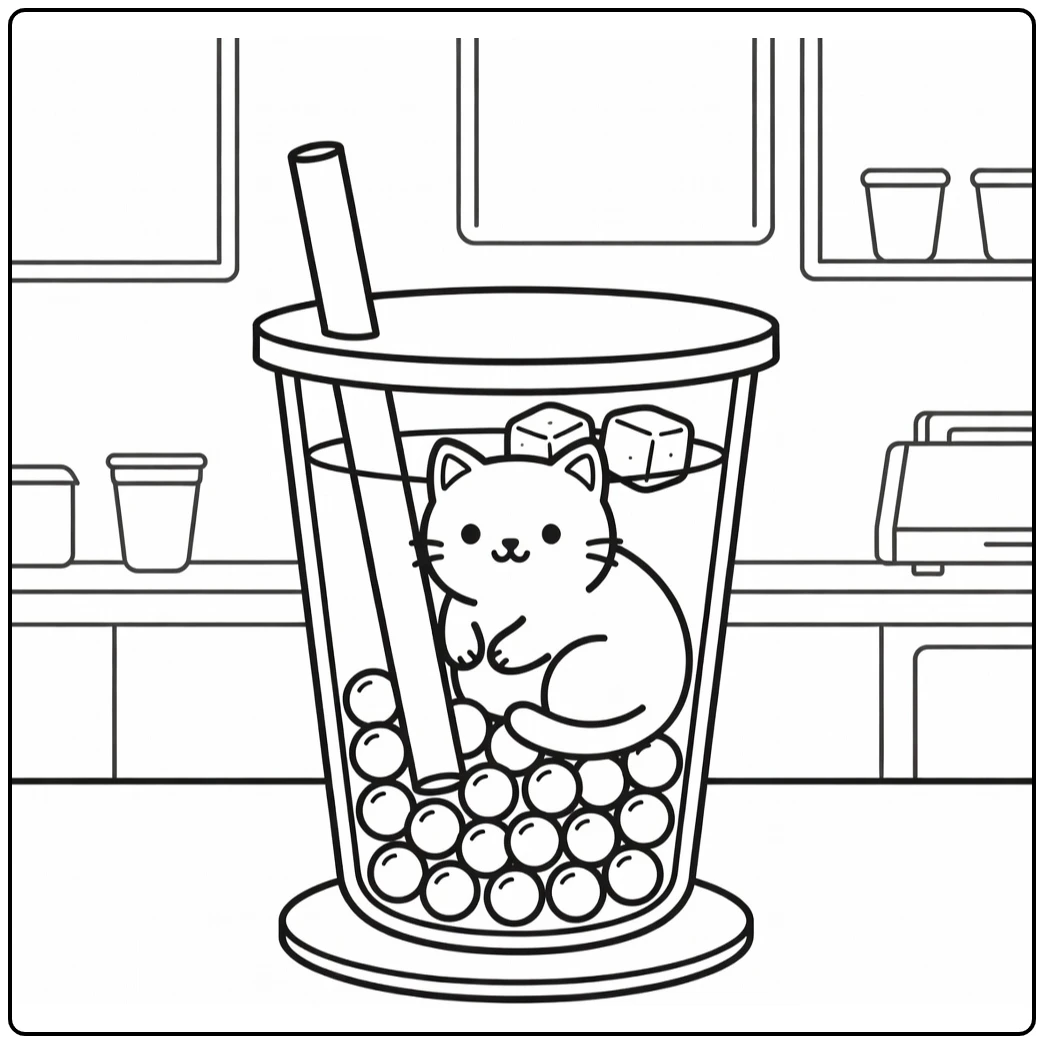Cat boba coloring pages: cute cat curled in giant bubble tea cup