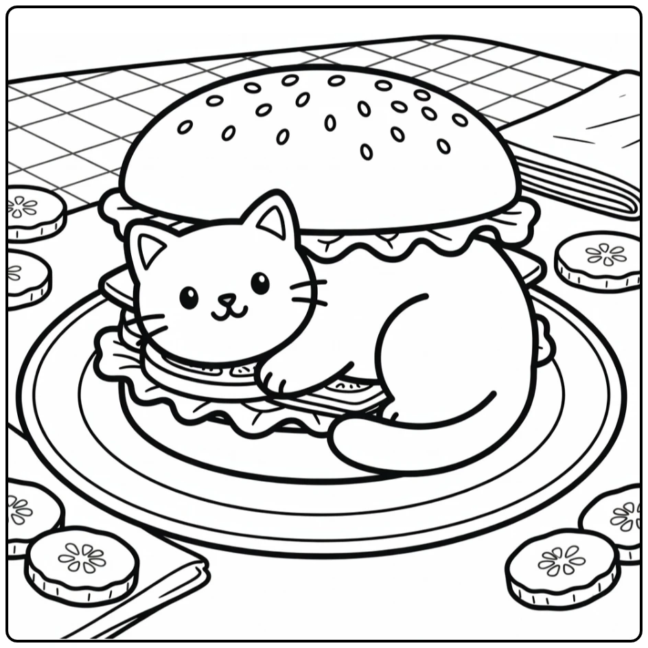Cat burger coloring pages: cozy cat peeking from bun with toppings