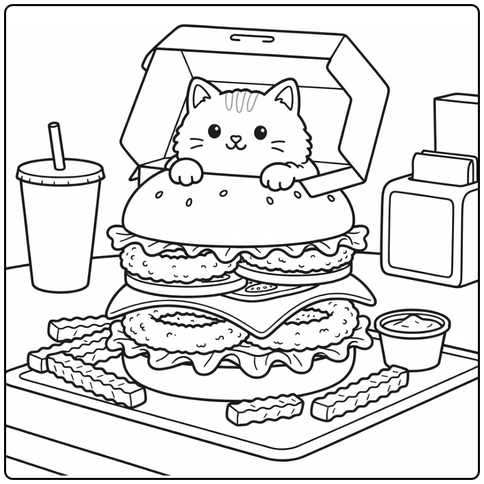 Cat burger coloring pages: cute cat peeks from burger box