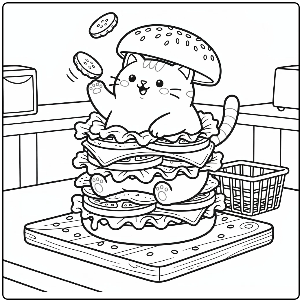 Cat burger coloring pages: feline paws at falling pickle