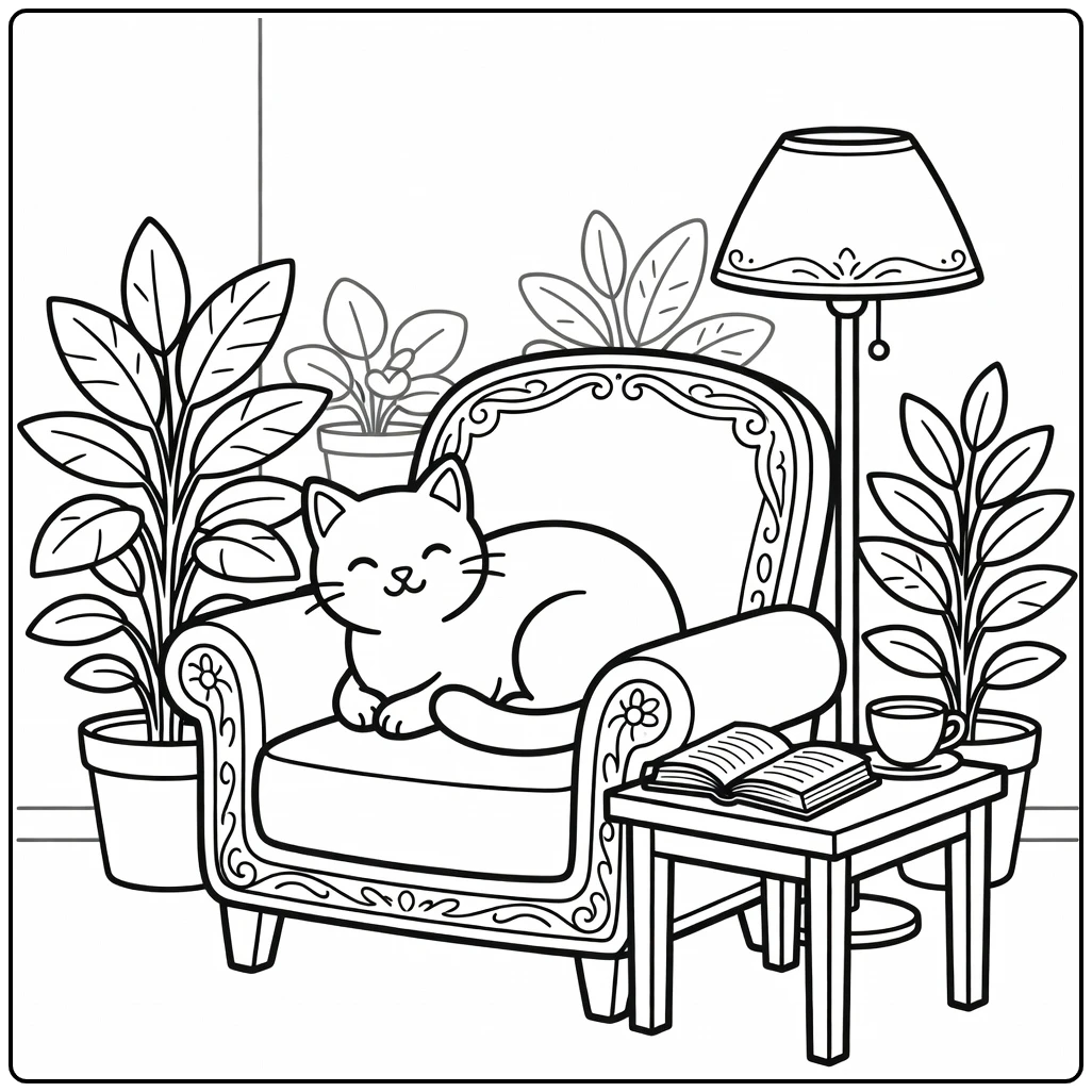 Cat coloring pages for adults: relaxed cat on armchair nook