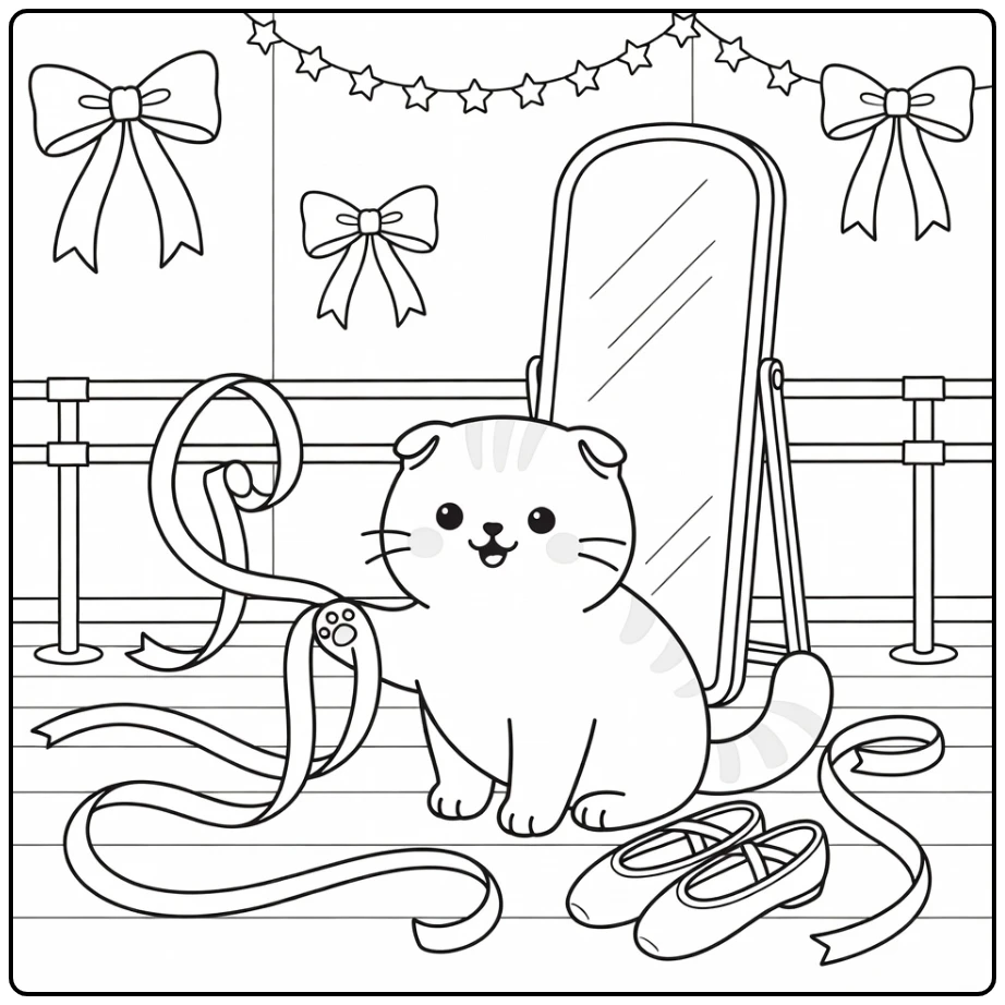 Cat coloring pages for girls: Scottish Fold in ballet studio