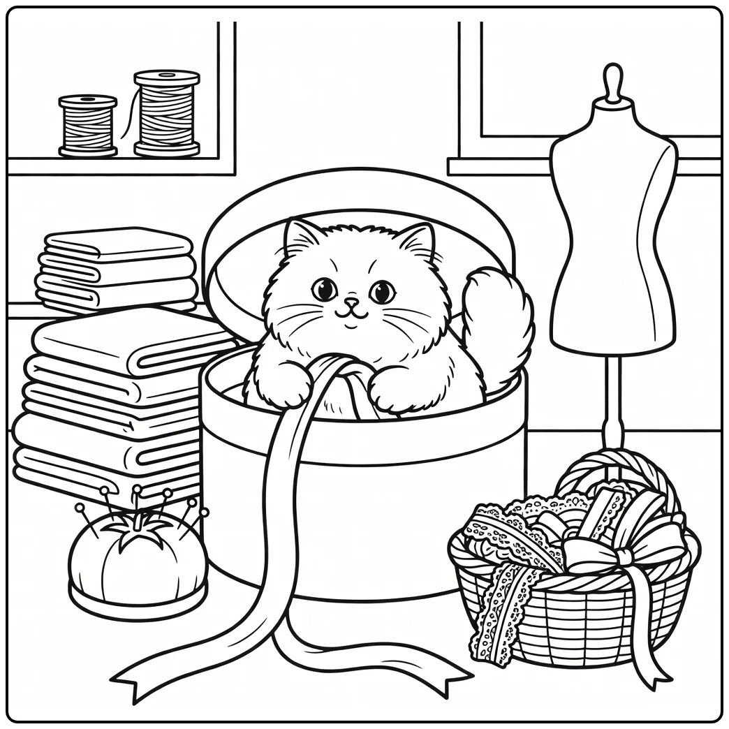 Cat coloring pages for girls: fluffy Persian cat peeking from hatbox