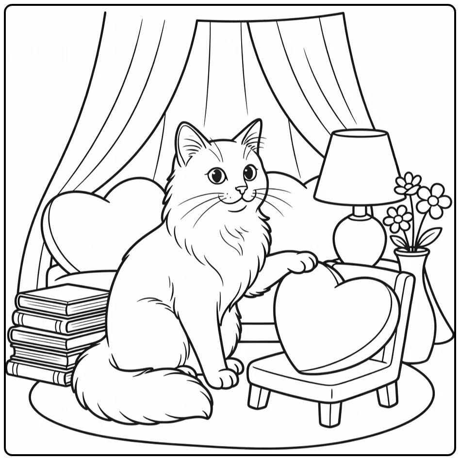 Cat coloring pages for girls: Angora cat in bedroom nook