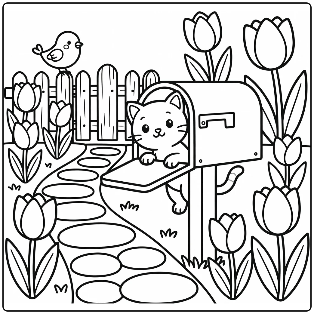 Cat coloring pages for kids: kitten peeking from mailbox garden