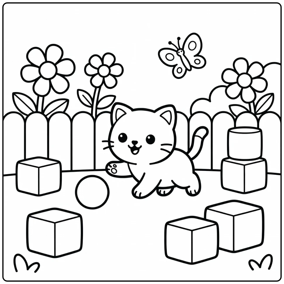 Cat coloring pages for kids: kitten chasing ball in yard