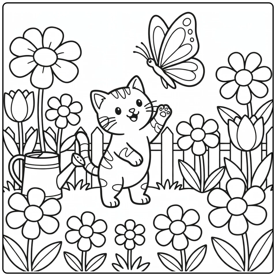 Cat coloring pages for toddlers: tabby cat reaches for butterfly