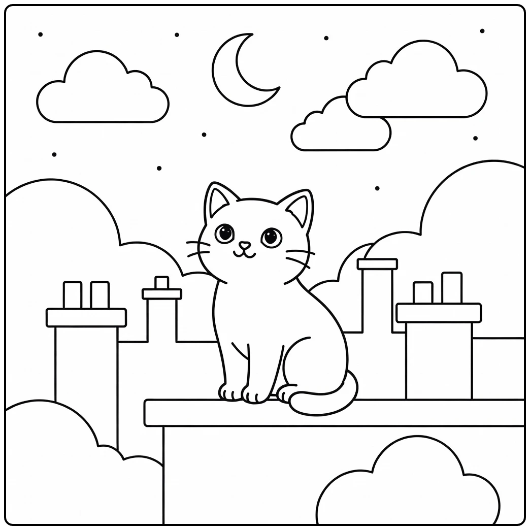 Cute cat on rooftop under crescent moon cat coloring pages