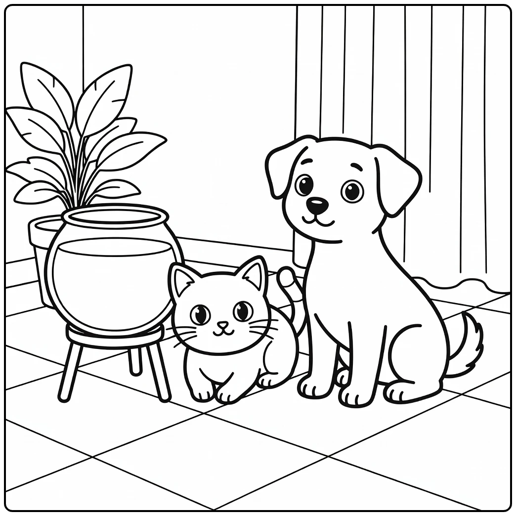 Cute cat by fishbowl, curious dog nearby - cat and dog coloring pages