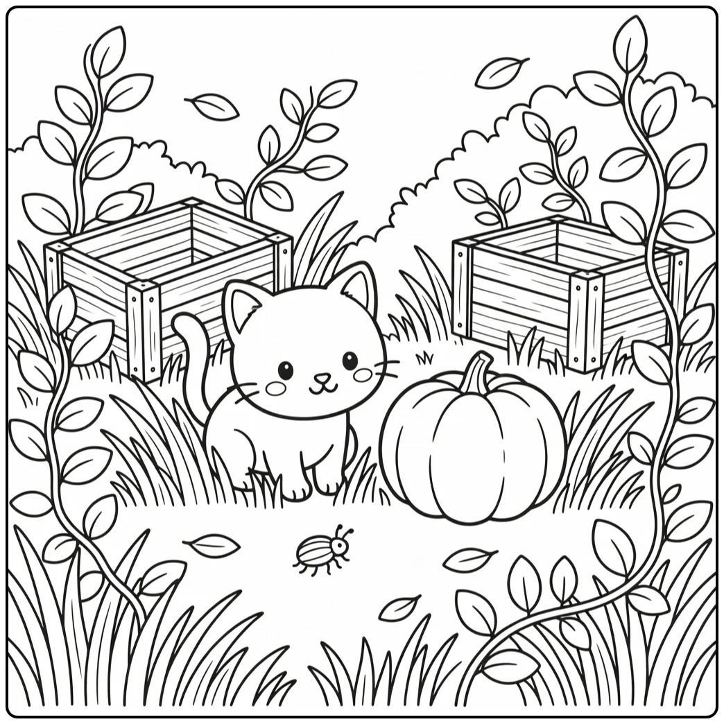Cute cat watches beetle by pumpkin in grass: cat coloring pages
