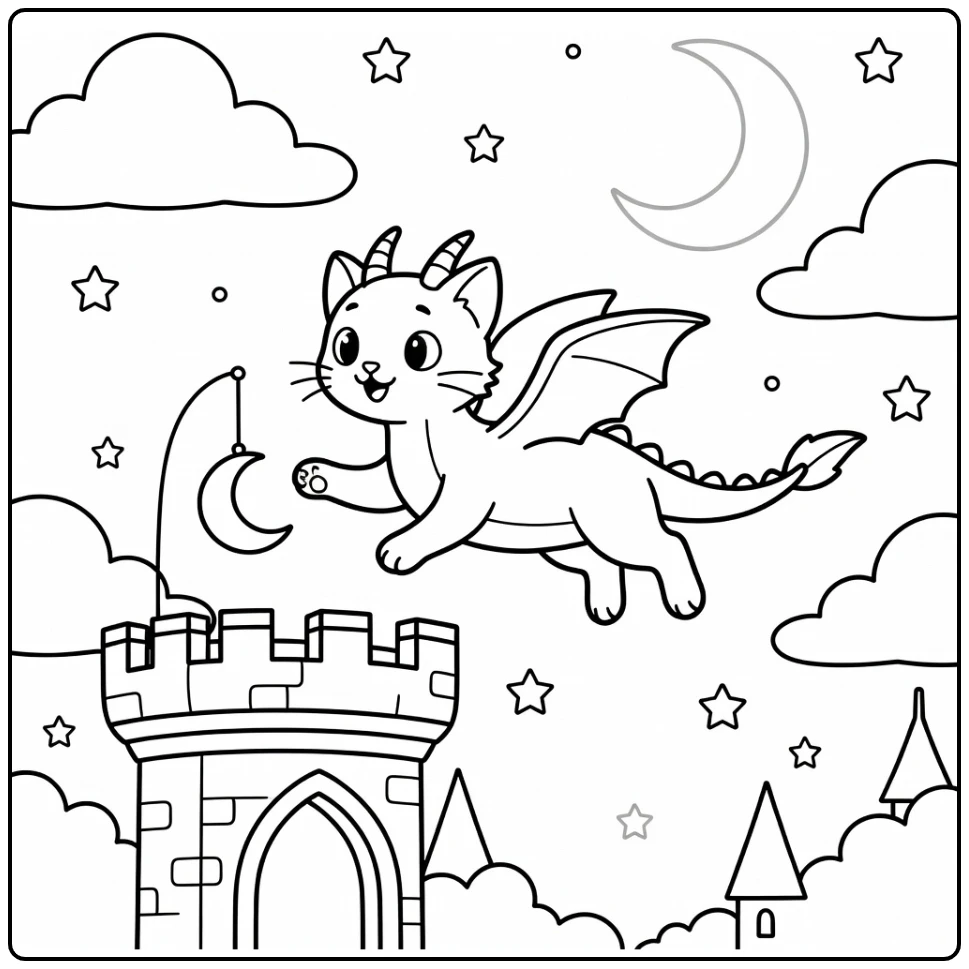 Cat dragon coloring pages: sleek cat-dragon reaches for moon