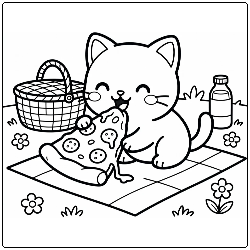 Cat eating food coloring pages: picnic pizza delight