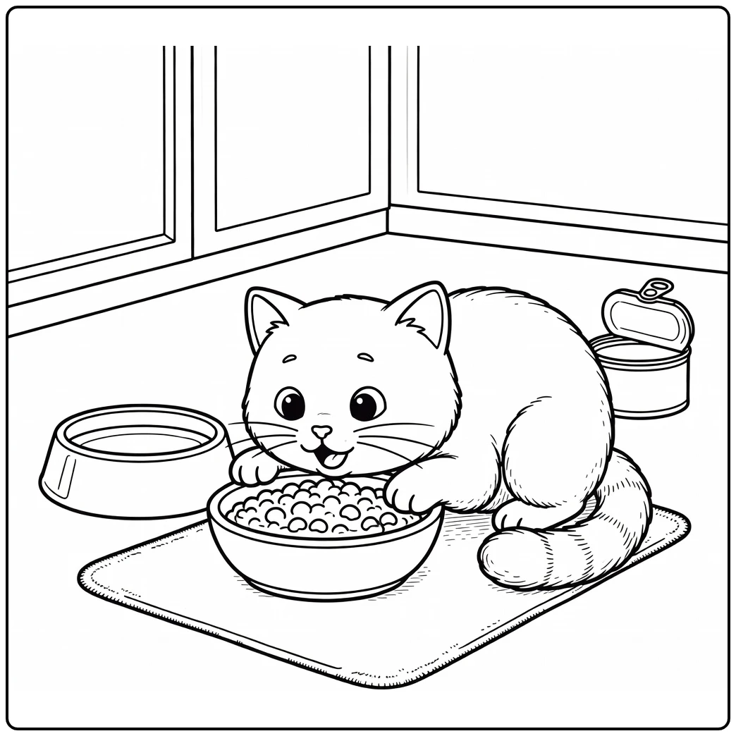 Cat eating food coloring pages: face in dish, paw by bowl