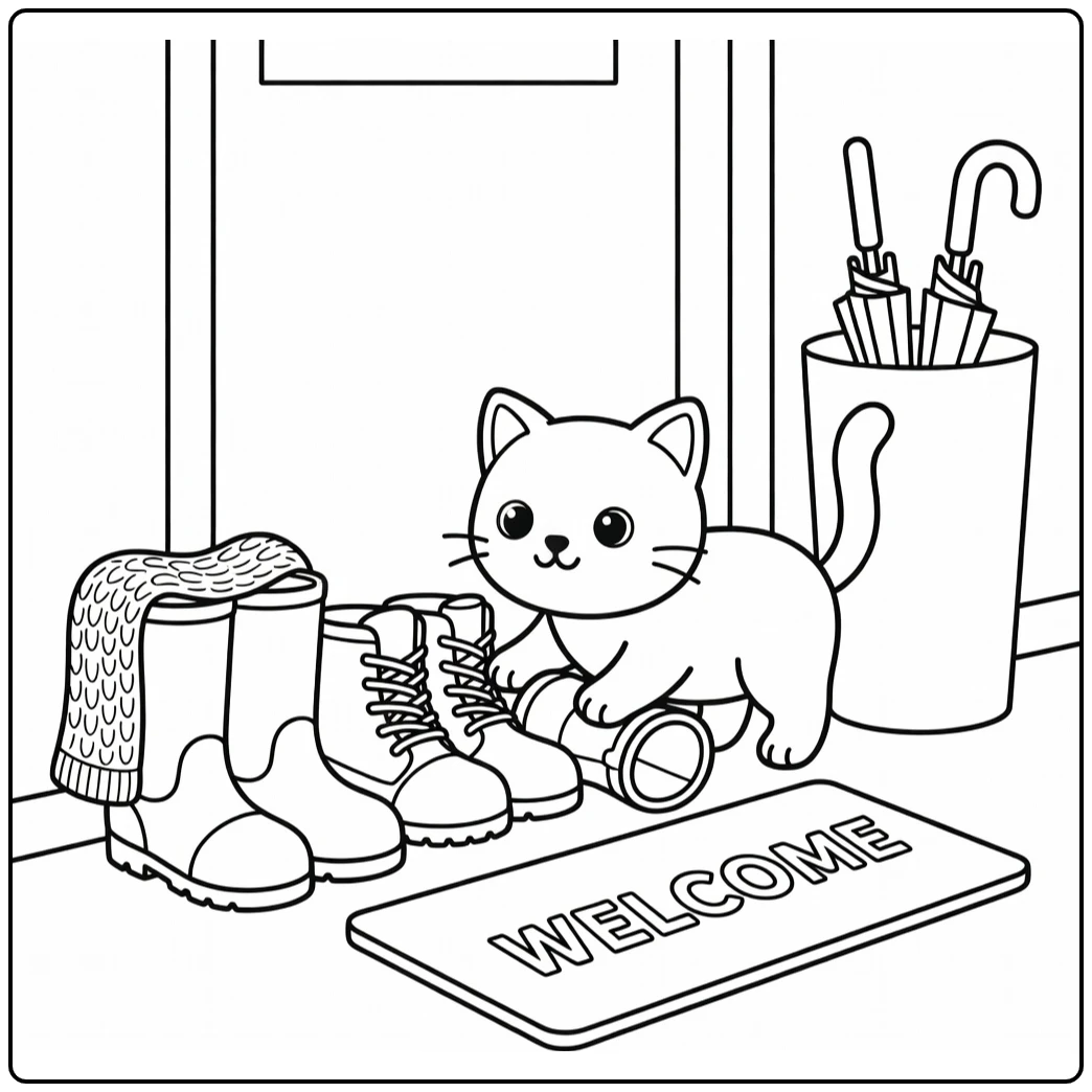 Curious cat investigates boots by doorway cat coloring pages