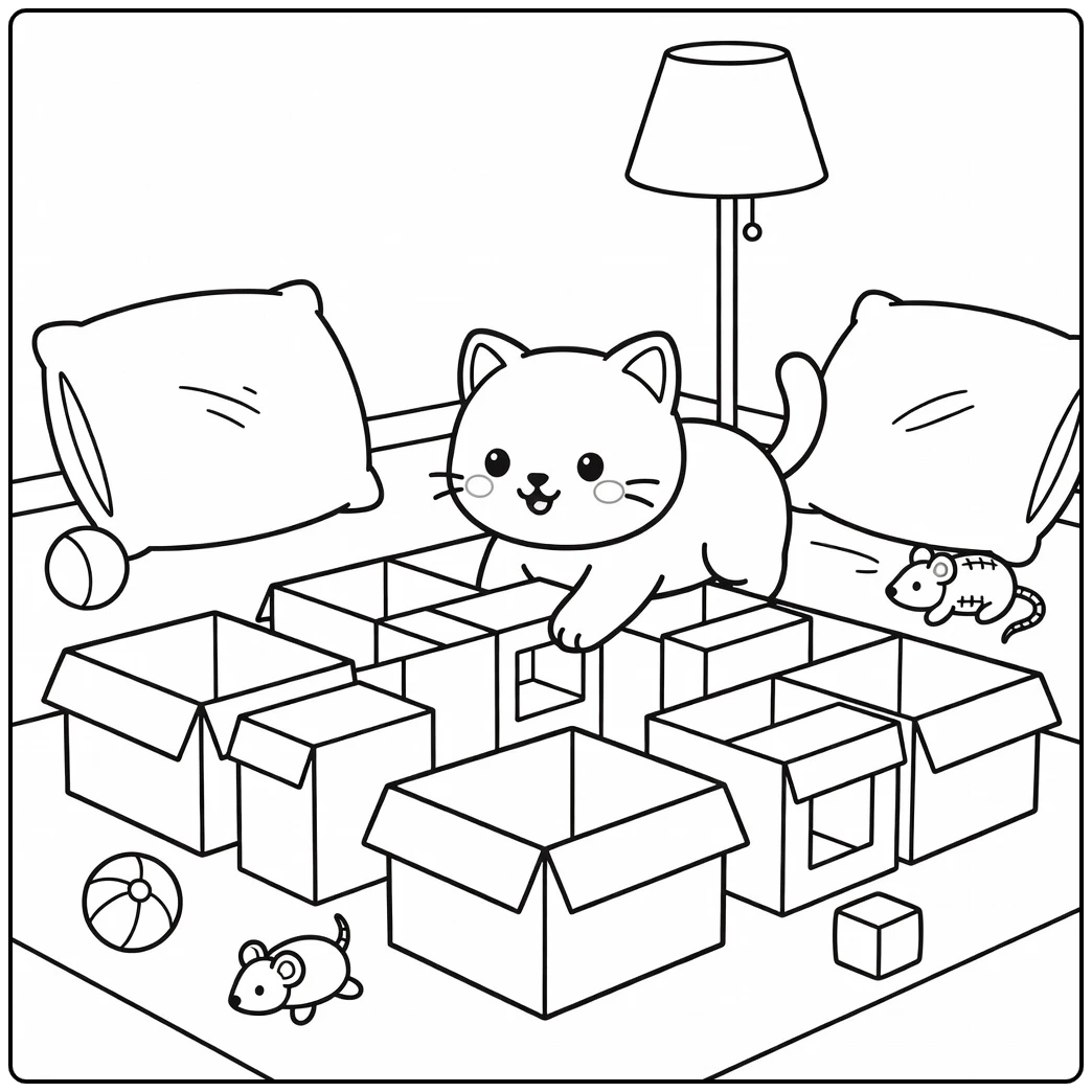 Curious cat peers into cardboard box maze, cat coloring pages